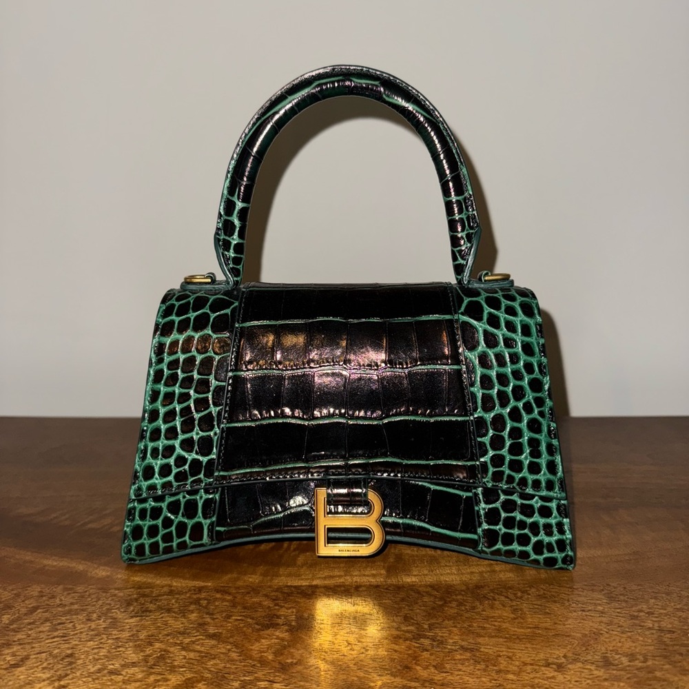 Balenciaga Hourglass Green and Black Croc-Embossed Calfskin Leather Handbag (S)